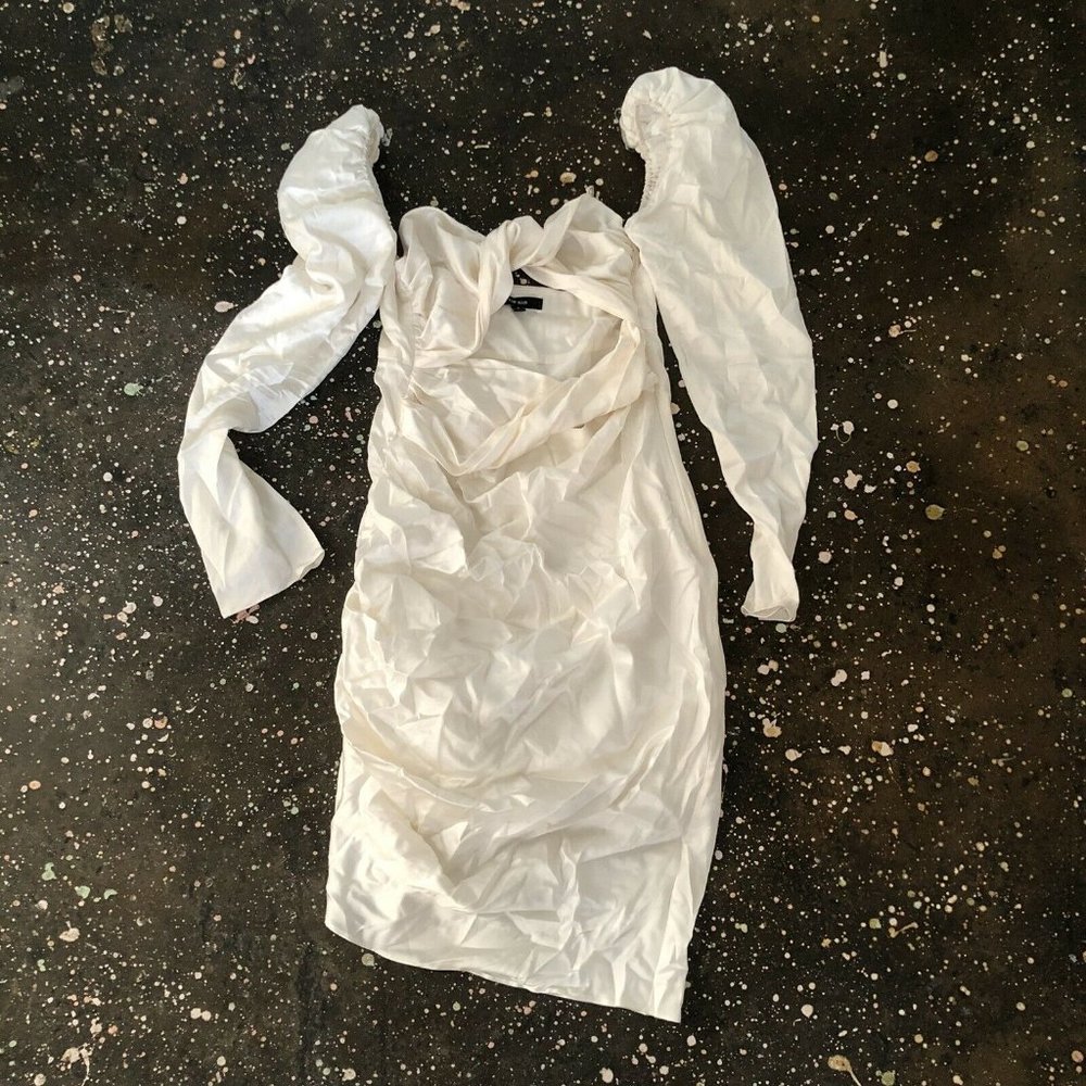 The Bar Twist Dress Ivory White Silk Puff Long Sleeve - Picture 7 of 8